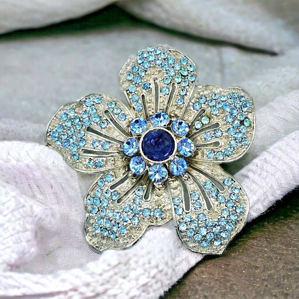 Vintage Flower Brooch Hibiscus Floral Blue Rhinestone Silver Tone MISSING STONES